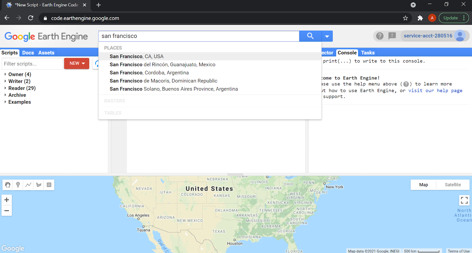 Playground Search for San Francisco in the GEE Console